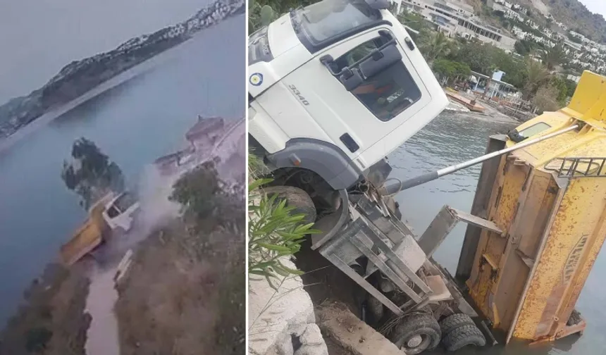 Bodrum'da geri kayan hafriyat kamyonu denize düştü: 2 yaralı var!