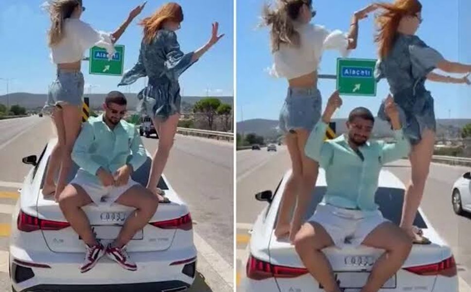 İzmir-Çeşme Otoyolu'nda tepki çeken görüntüler: Otomobilin üzerinde dans ettiler!